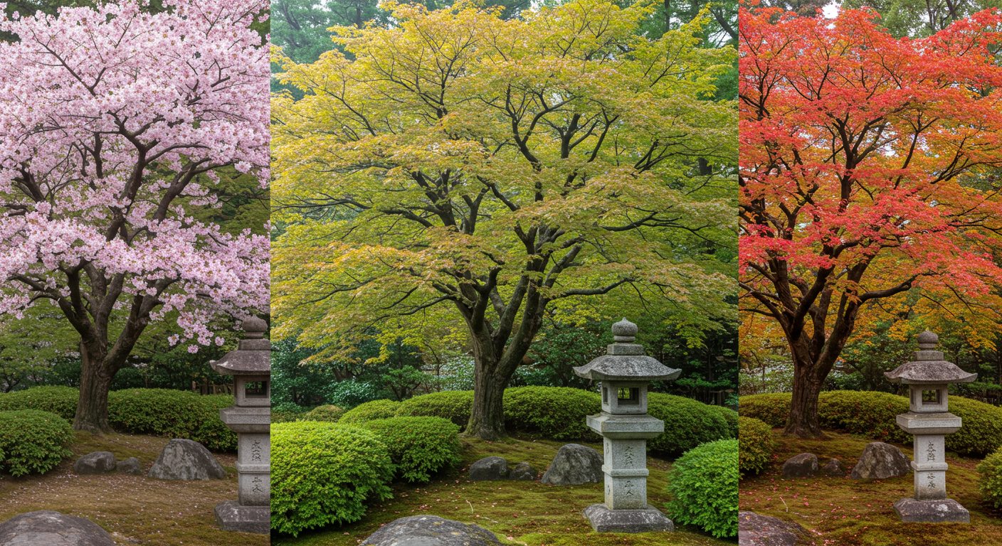 シンボルツリーの季節による変化と庭の景観