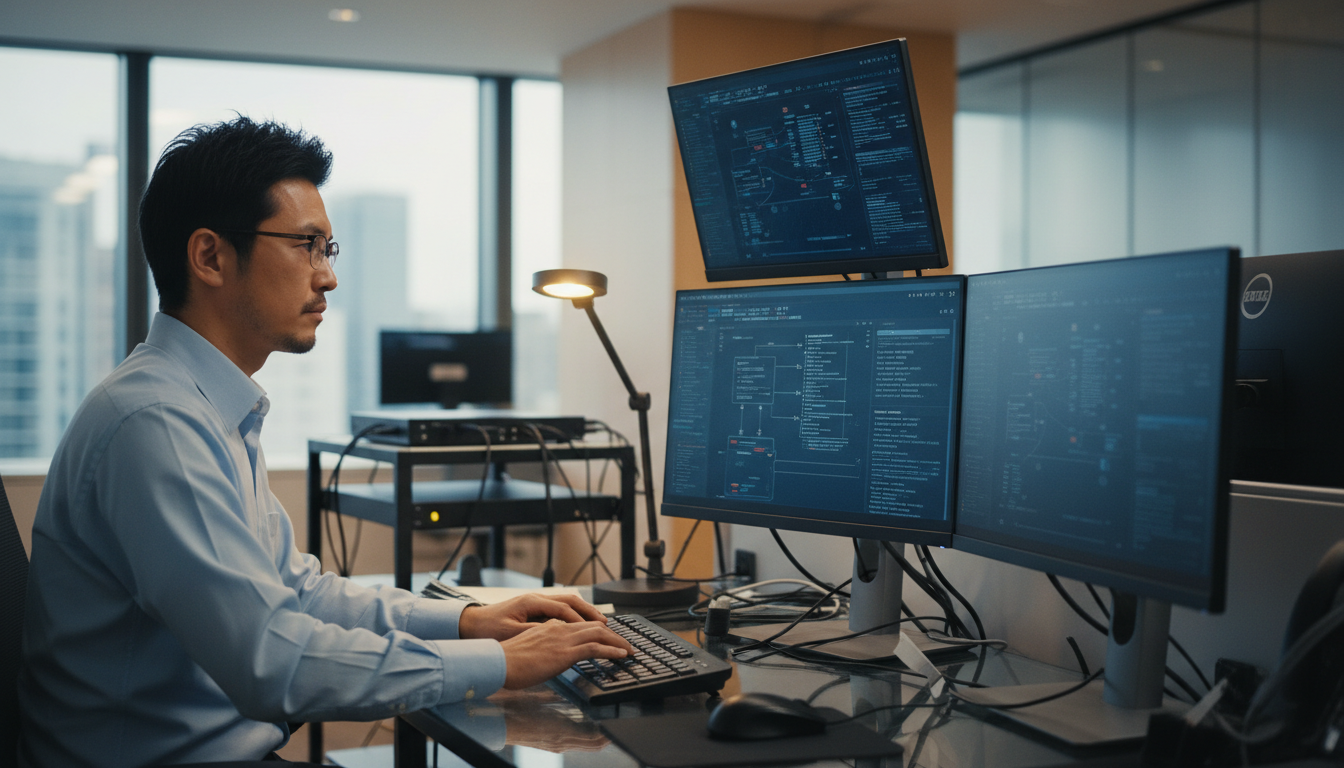 PCトラブルシューティングを行うIT管理者の作業風景