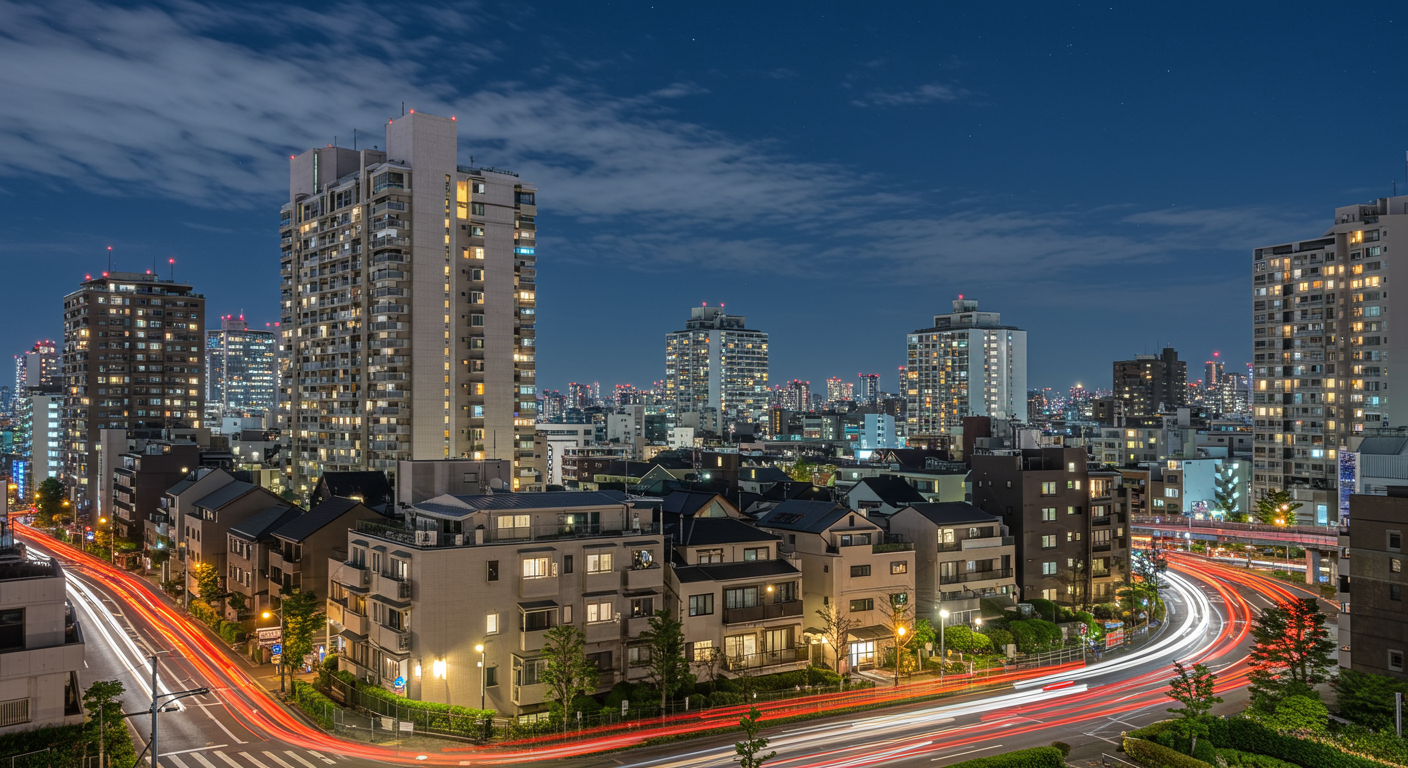 夜の麻布十番の街並みと高級マンションの灯り