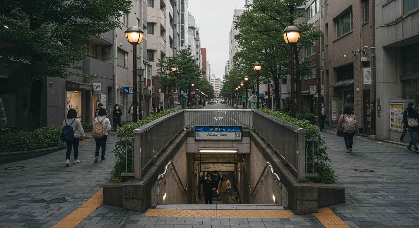 麻布十番駅の出入口と周辺の洗練された街並み