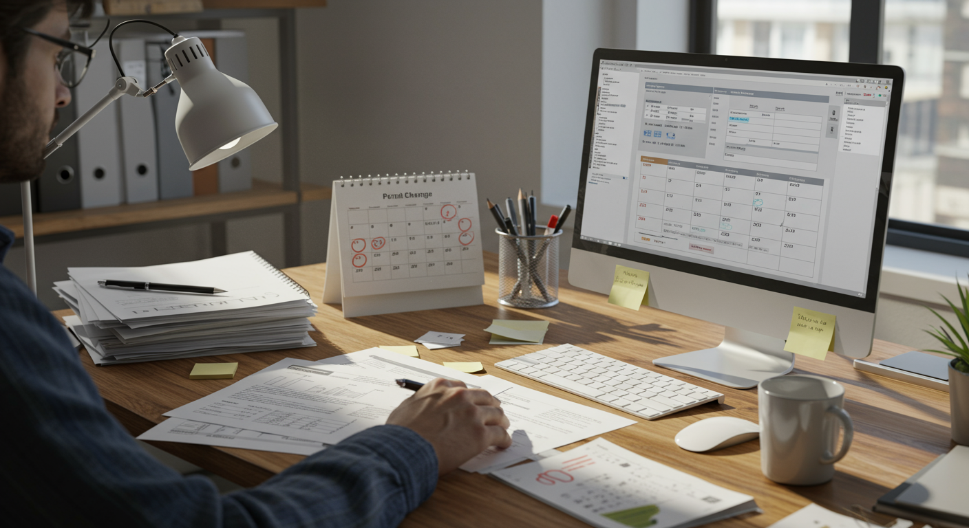 建設会社の事務所で変更届の書類を確認する様子