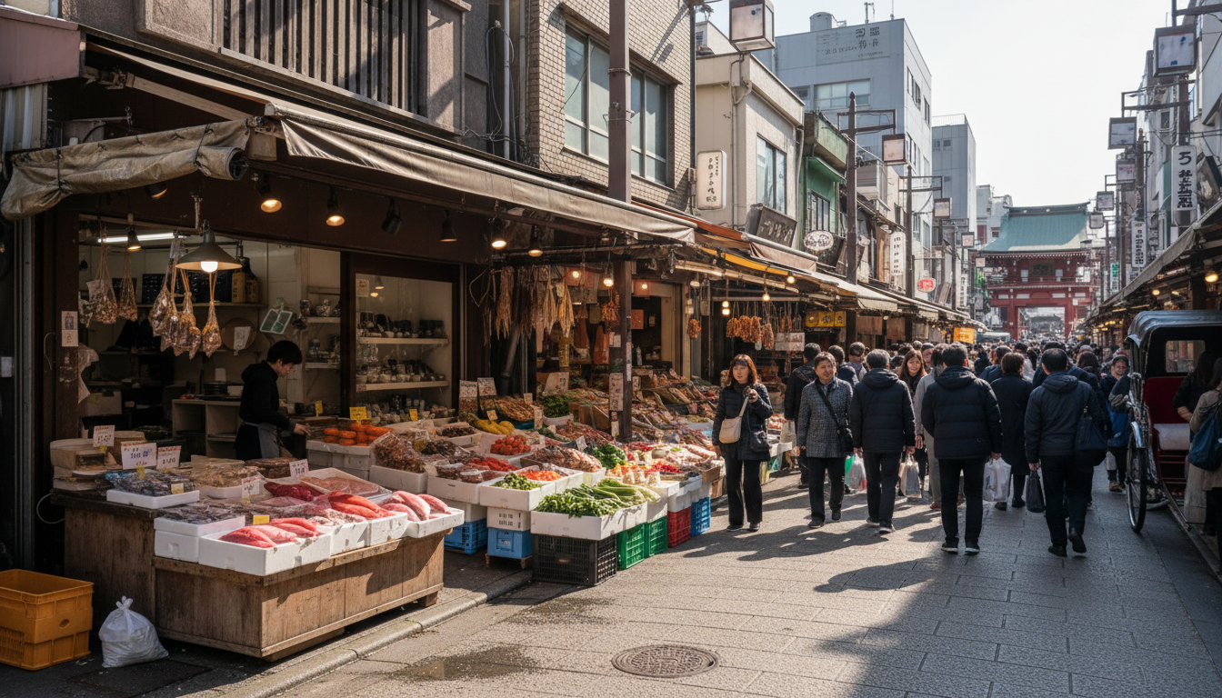 築地場外市場周辺の活気ある街並み