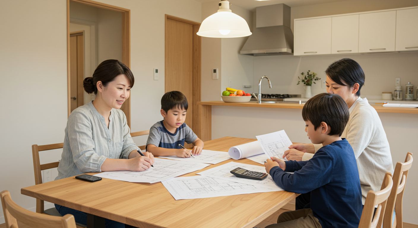 注文住宅の予算計画表と家族の様子