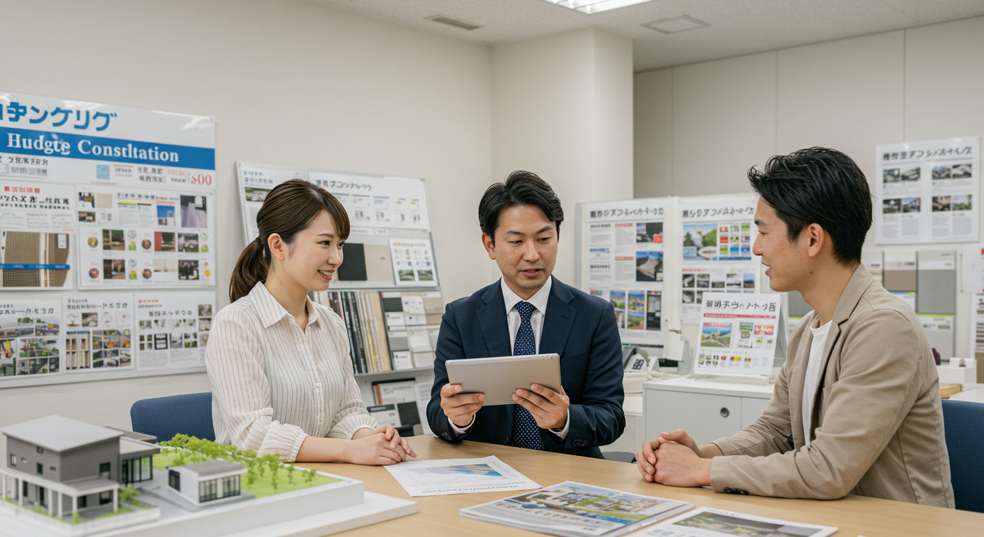 注文住宅の予算配分チャートと家づくり相談の様子