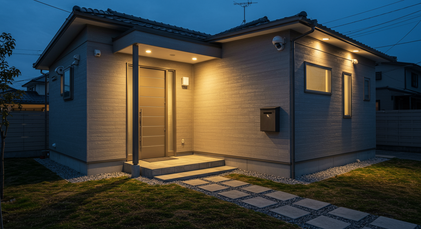 外構防犯対策 センサーライトと防犯カメラの設置例