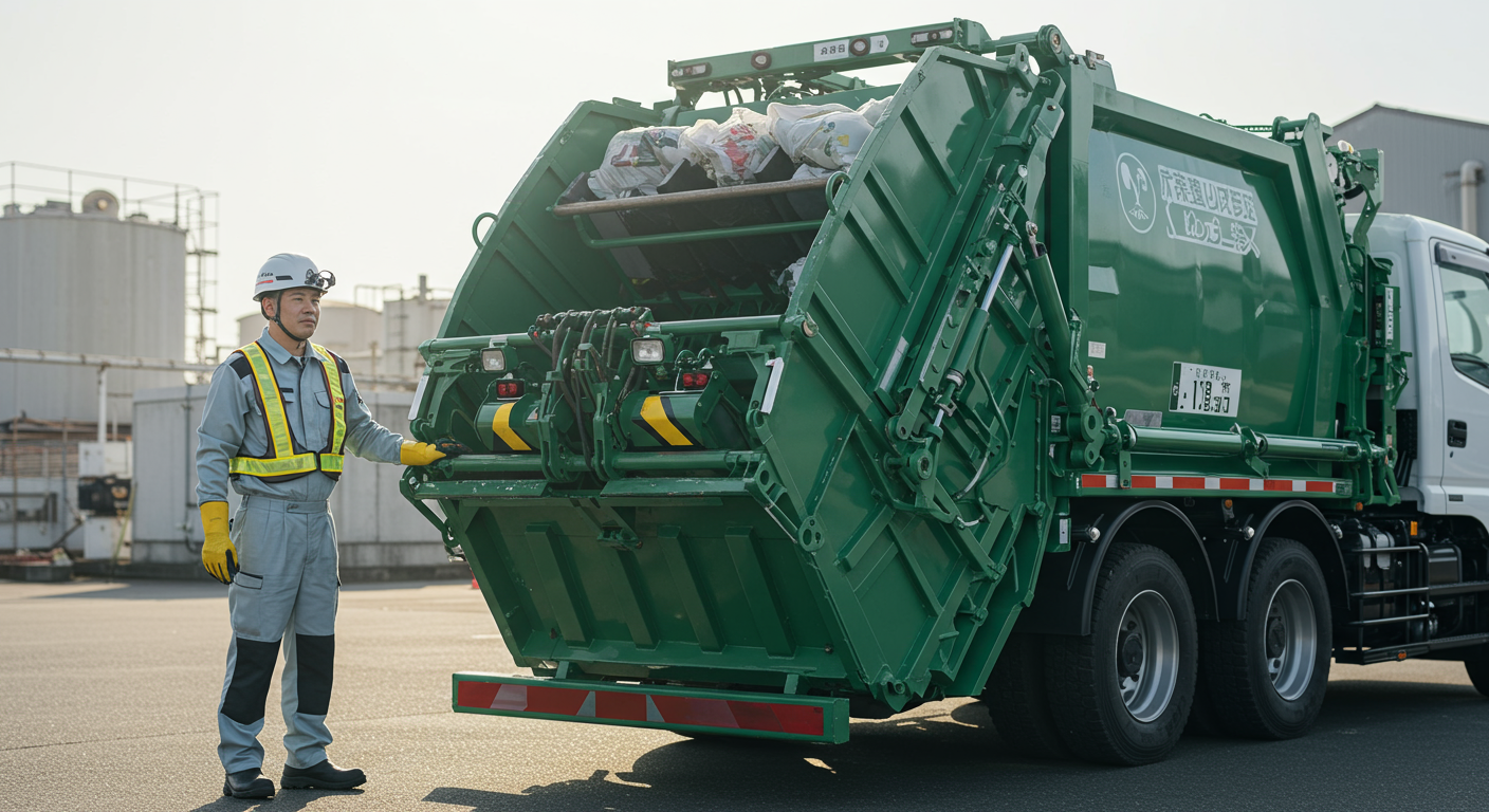 産業廃棄物収集運搬車両と作業員