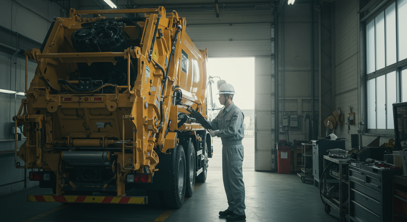 産業廃棄物収集運搬車両の点検作業