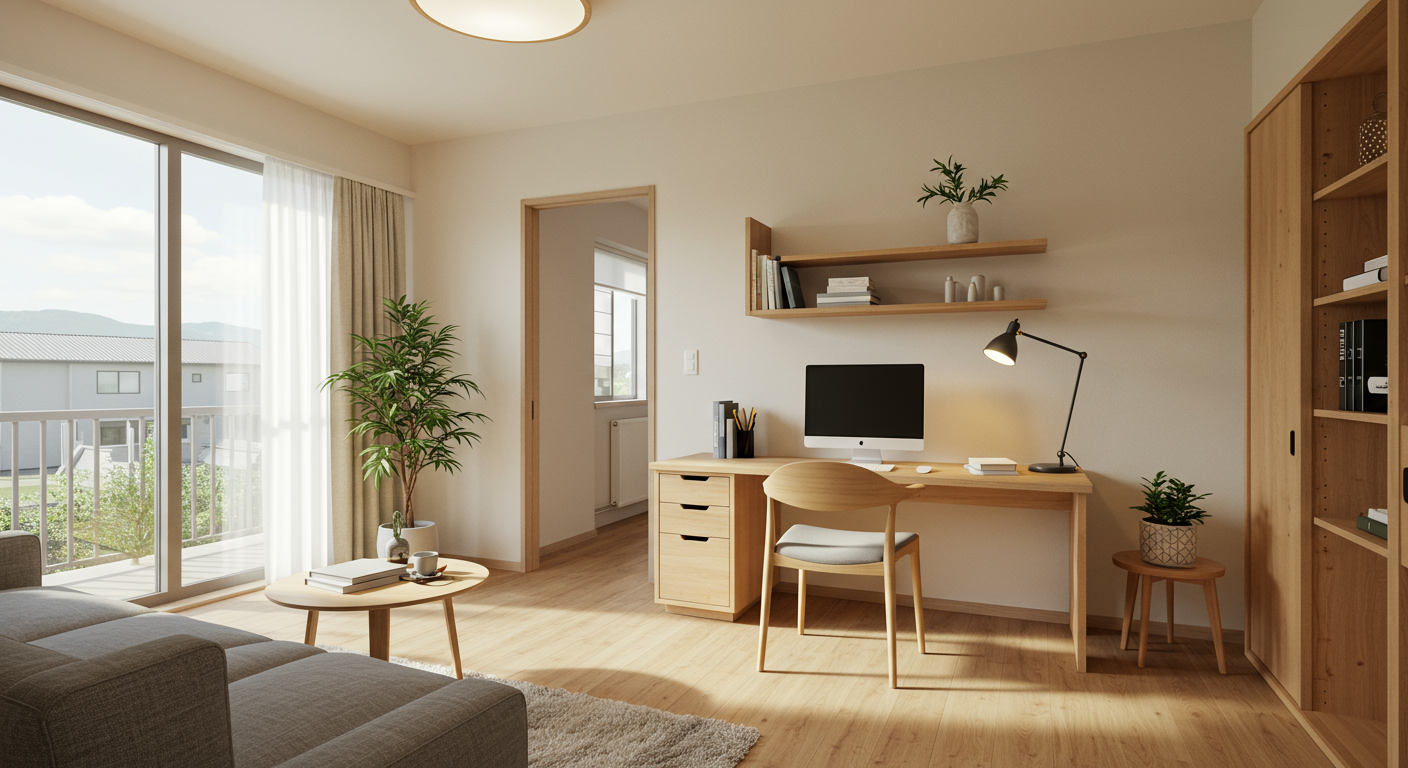 郊外の広々とした部屋でのテレワーク風景