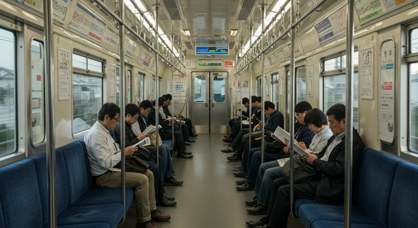 東京郊外から都心へ向かう通勤電車の風景