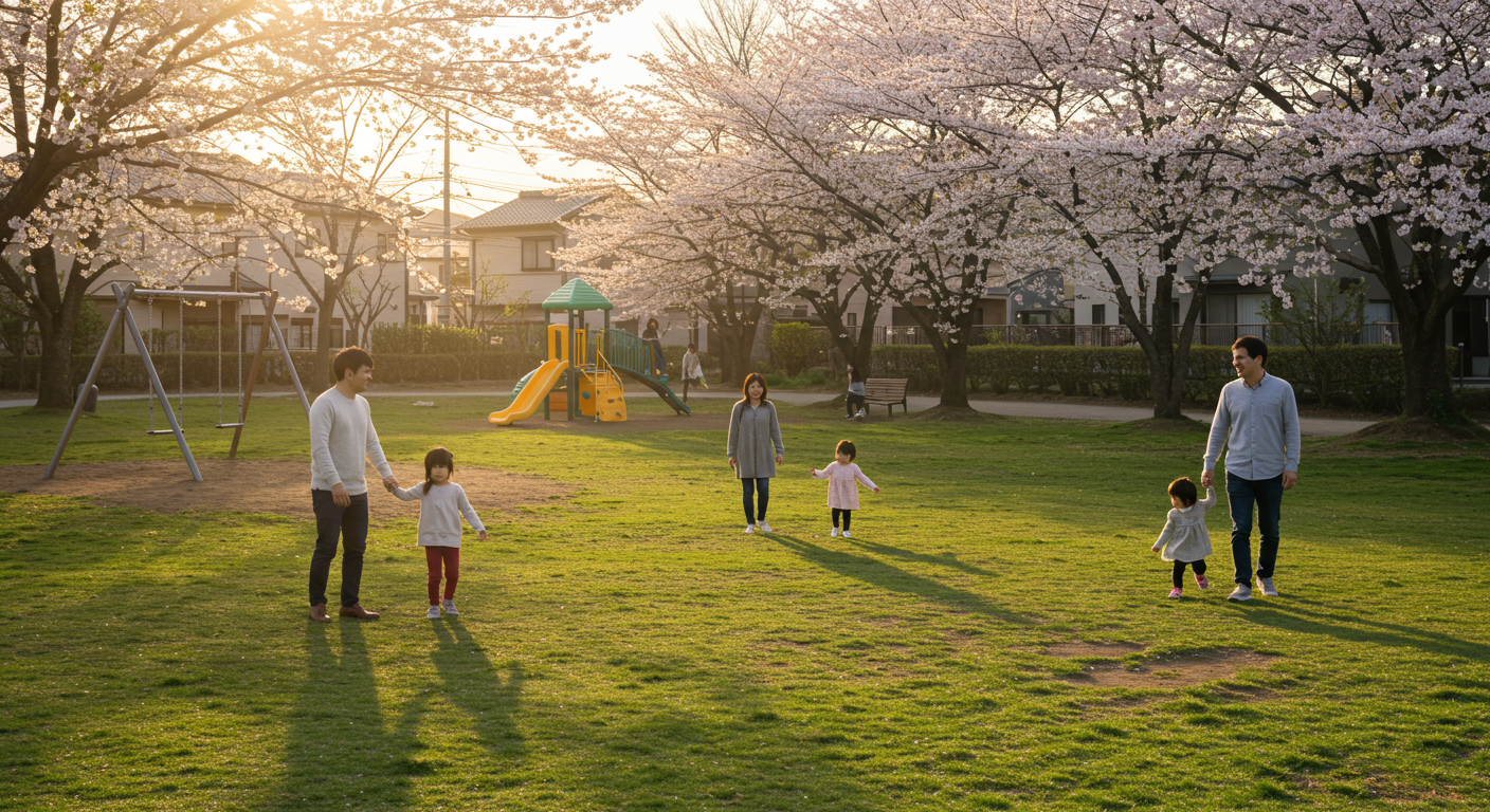 郊外の公園で遊ぶ家族の様子