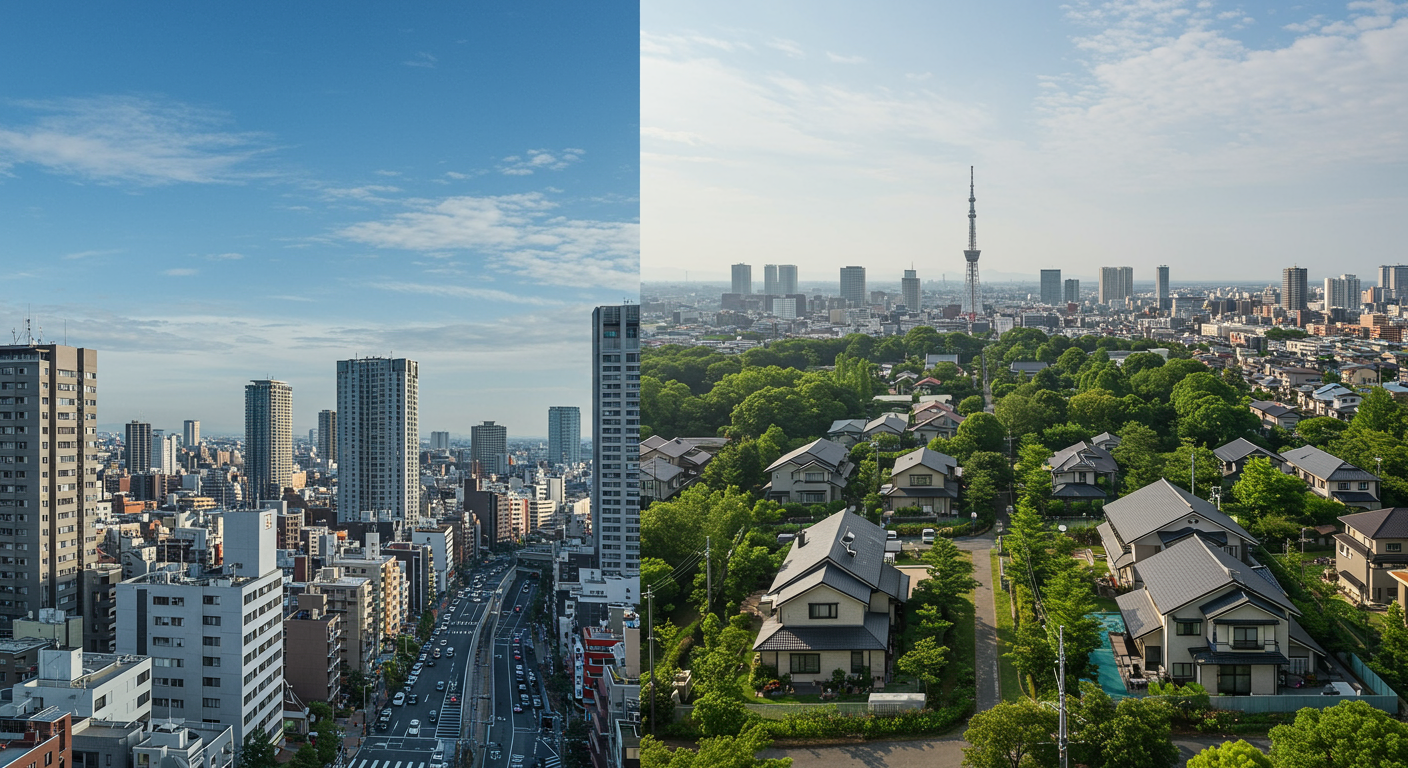 都心と郊外の生活スタイルを比較する概念図