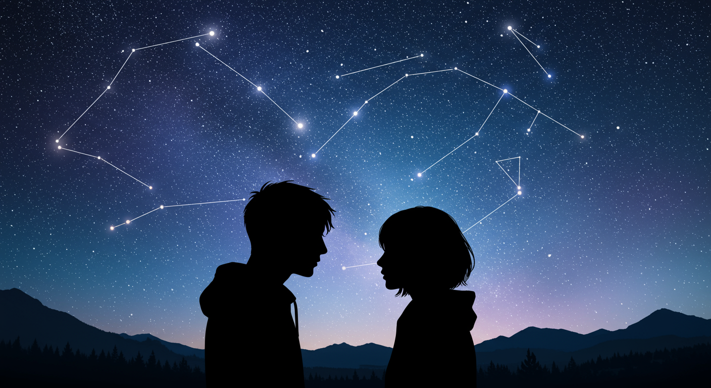 星空の下で向かい合う二人のシルエット