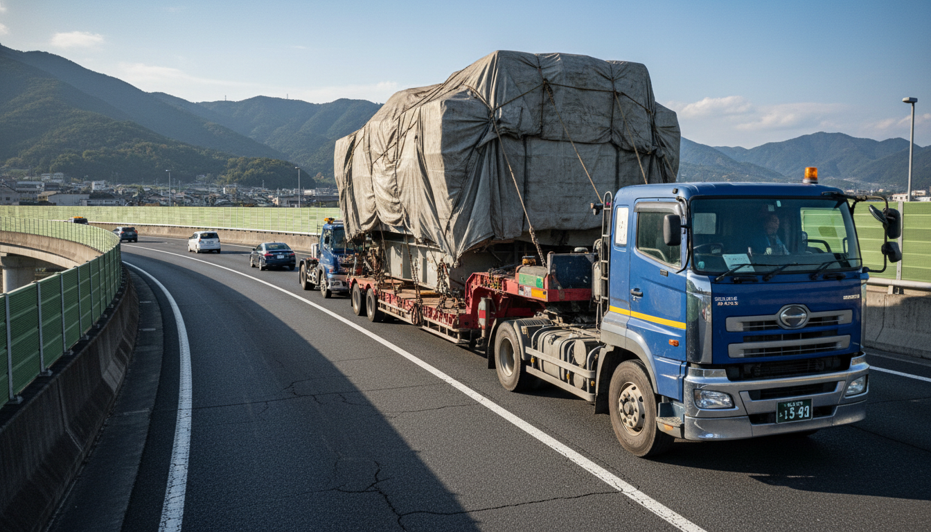 大型貨物を積載した特殊車両の輸送風景