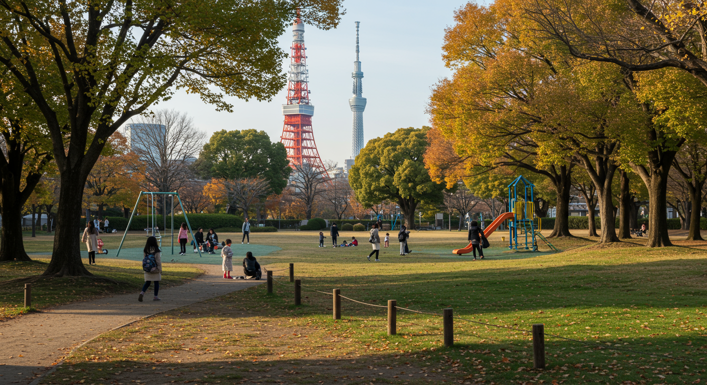 子どもたちが遊ぶ芝公園の風景