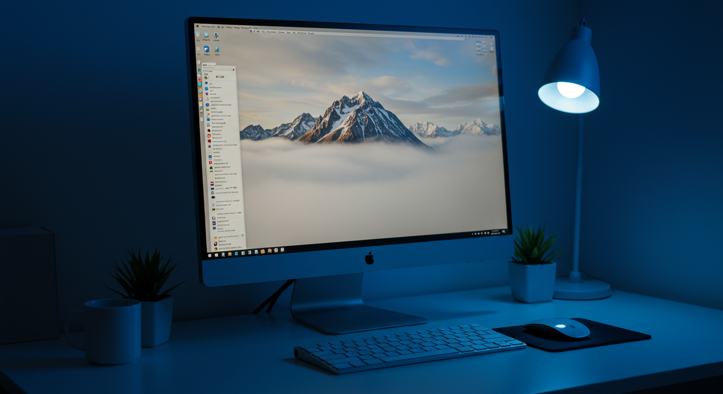 Windows 11のデスクトップ画面が表示されたモニターとキーボード