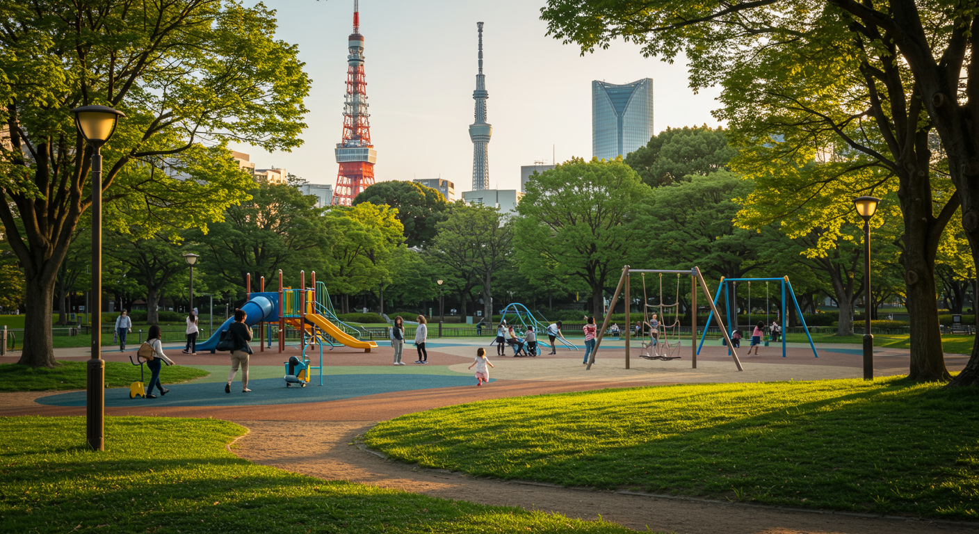 港区の公園で遊ぶ家族