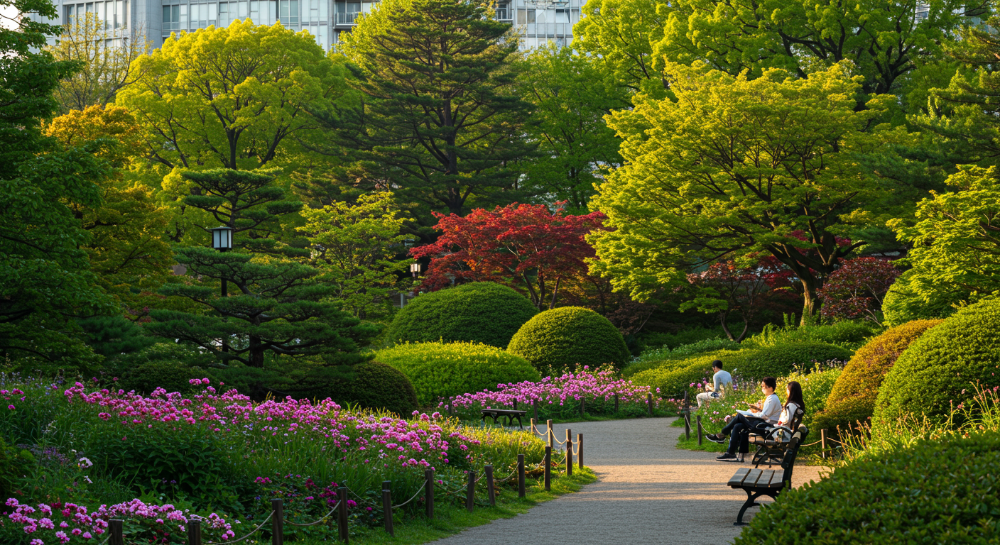 赤坂周辺の緑豊かな公園でリラックスする人々
