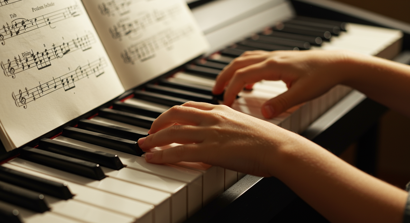 楽譜を見ながらピアノを弾く子どもの手元