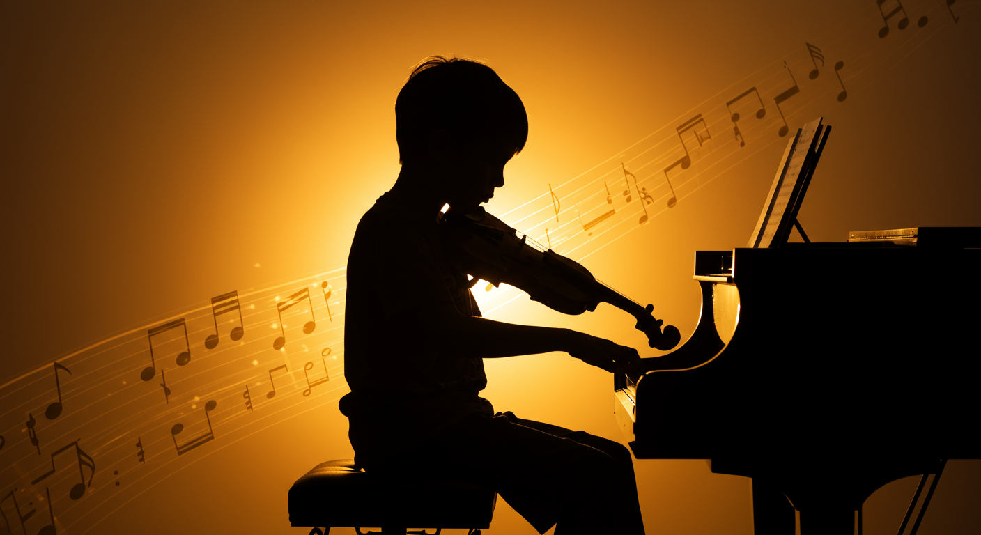 音楽に没頭して演奏する子どものシルエット