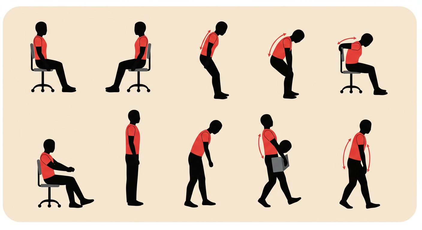 腰痛予防のための正しい姿勢と動作を示すイラスト
