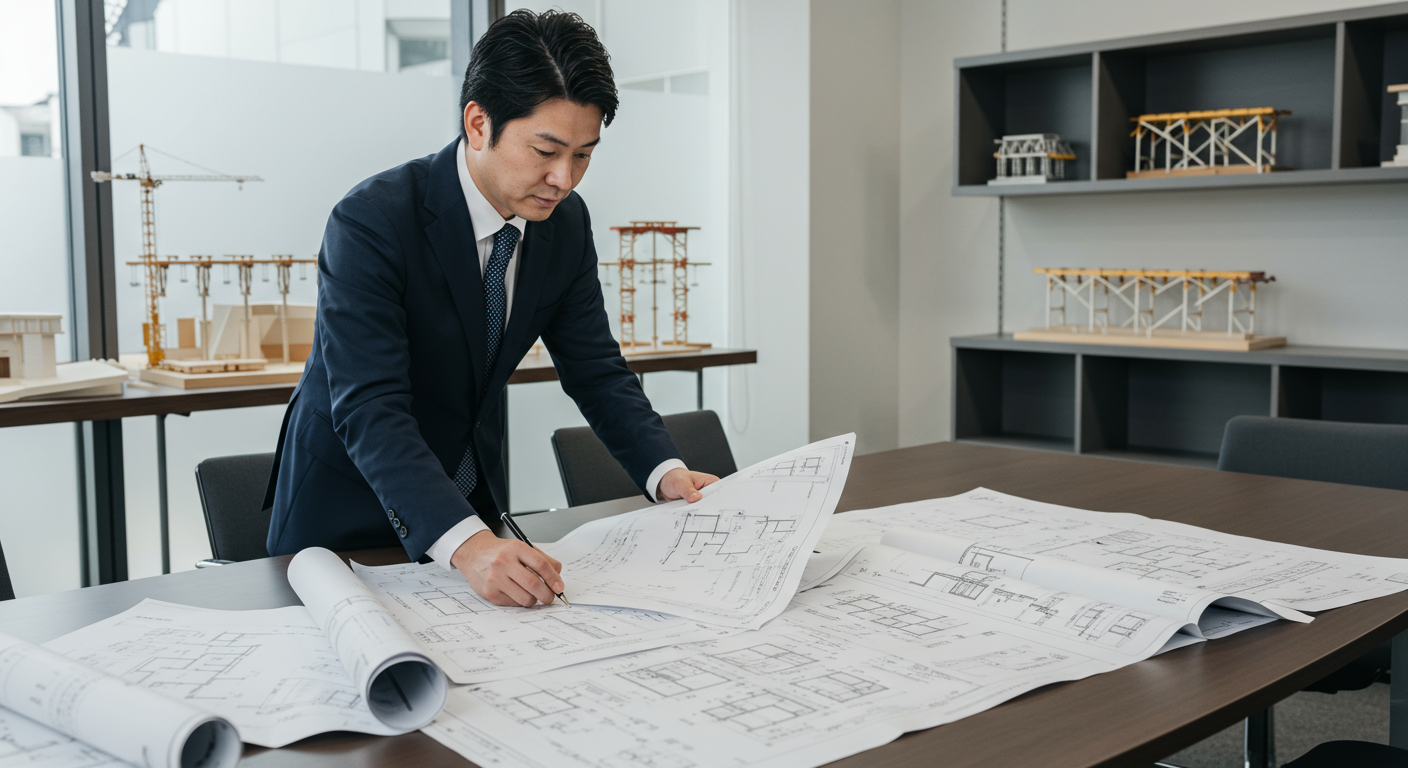 特定建設業の専任技術者が工事計画を確認している様子