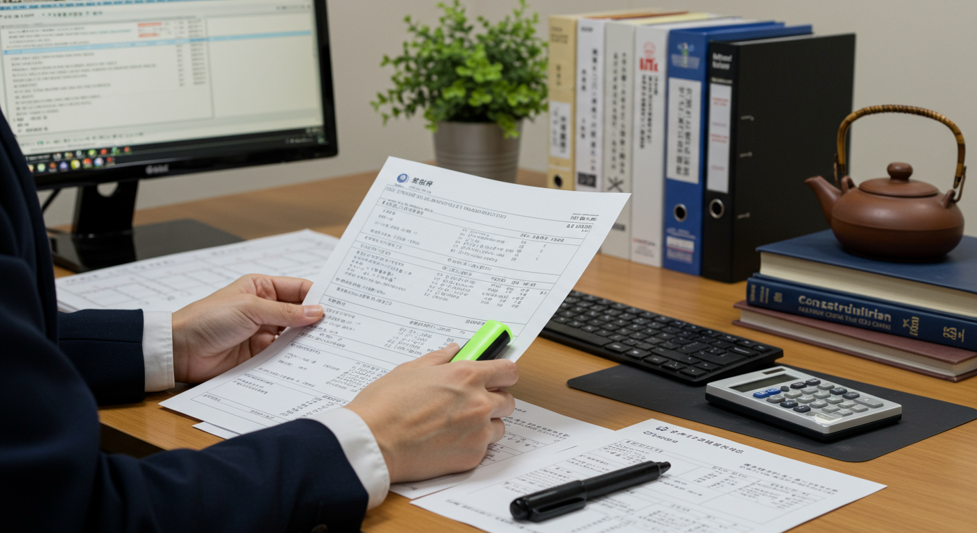 建設業法改正に関する資料を確認している様子