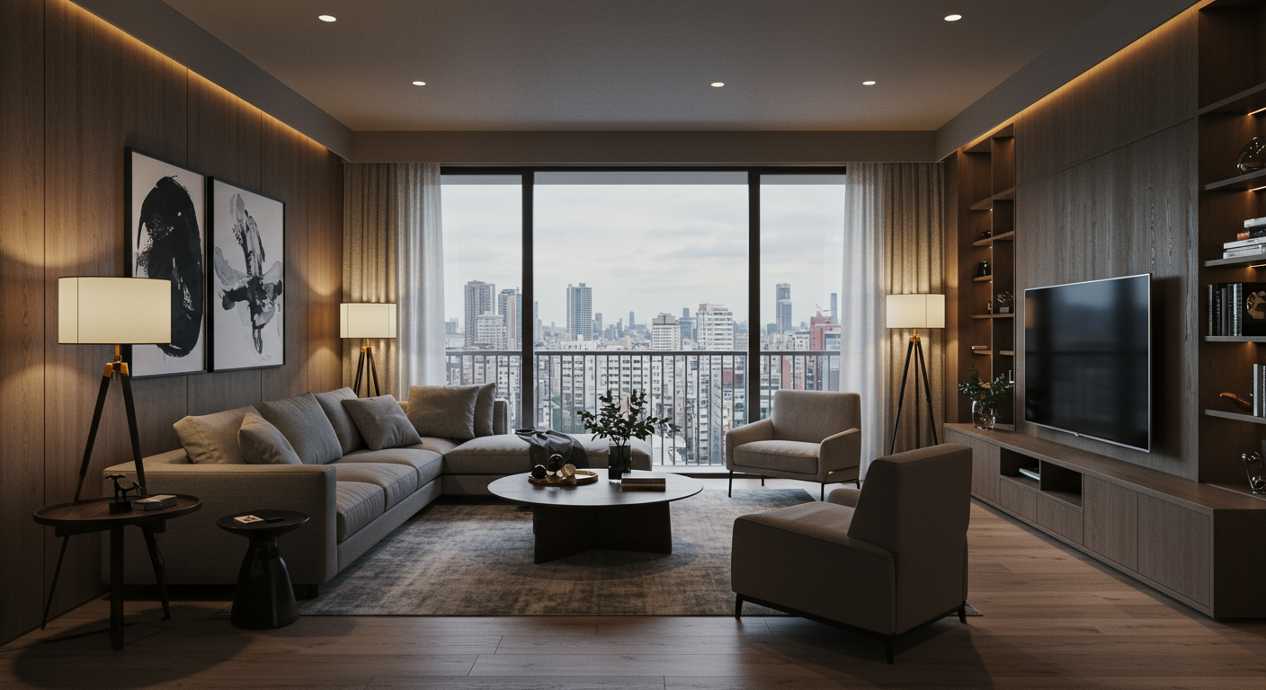 麻布狸穴町のモダンな高級マンションのリビングルーム