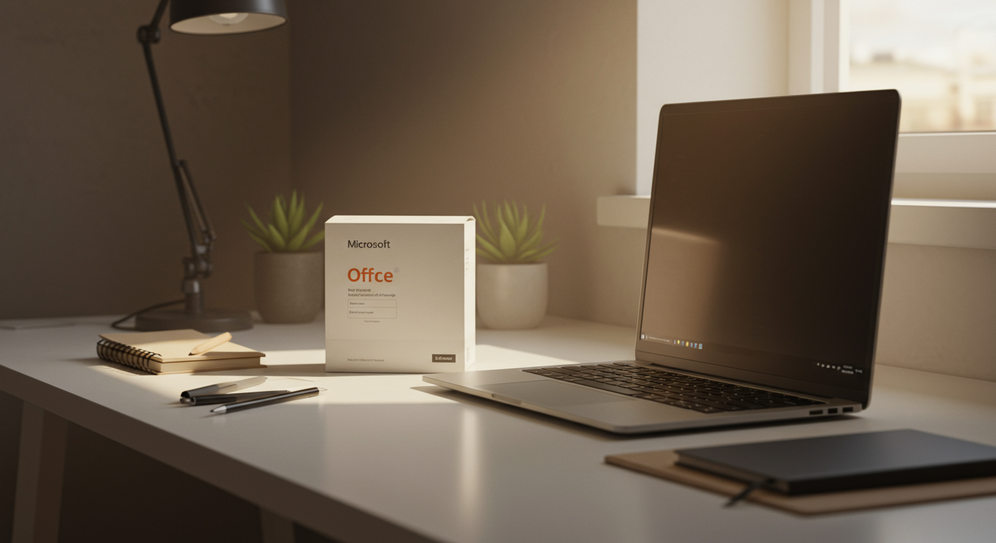 Officeパッケージ版のインストール画面とパソコン