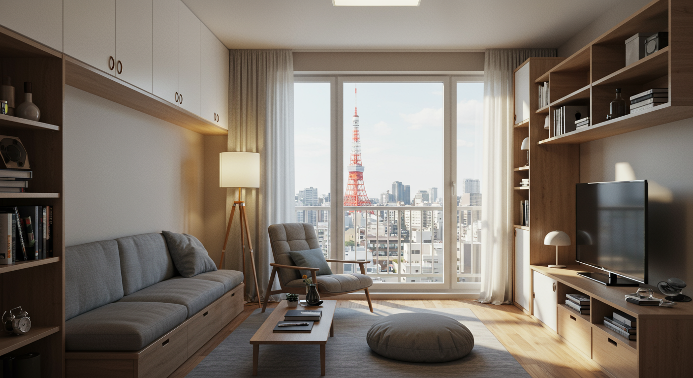 港区芝エリアから見える東京タワーの眺望と単身向け物件の室内