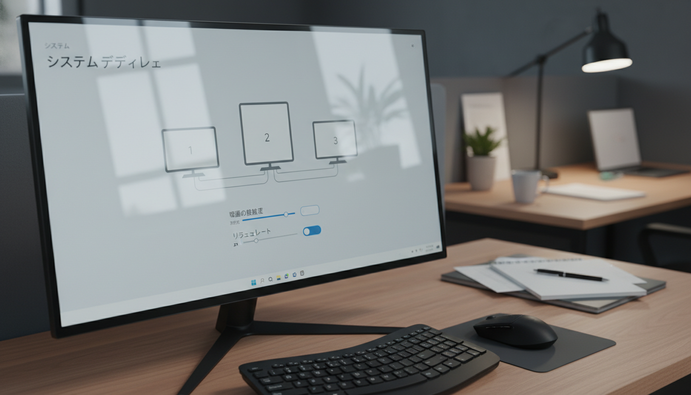 Windows 11のディスプレイ設定画面で拡張モードを選択している様子