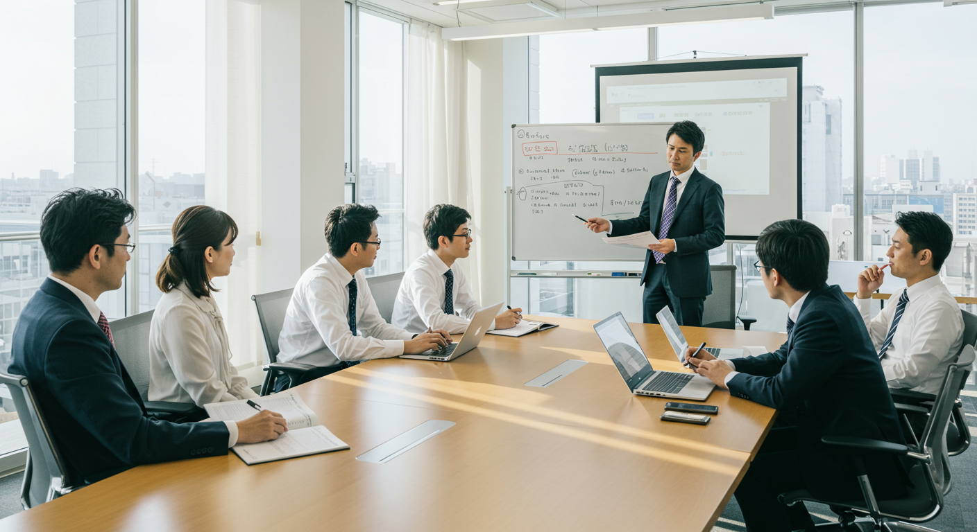 会議でOffice導入を検討するビジネスチーム