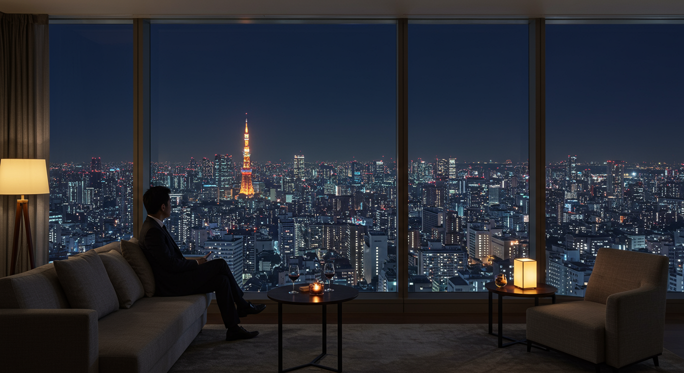 港区の高級マンションからの夜景を楽しむカップル