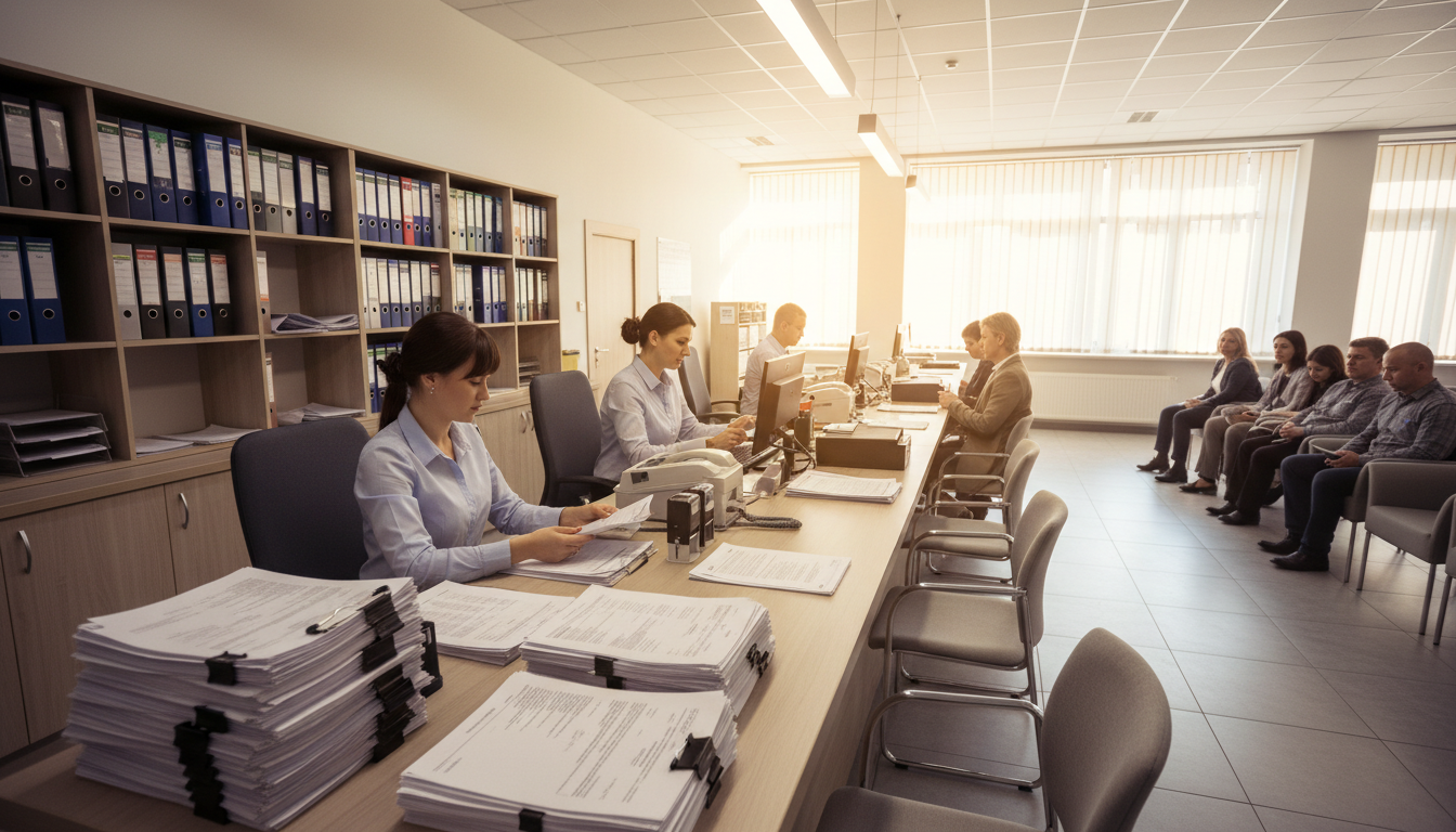 道路管理事務所の窓口で申請手続きを行う様子