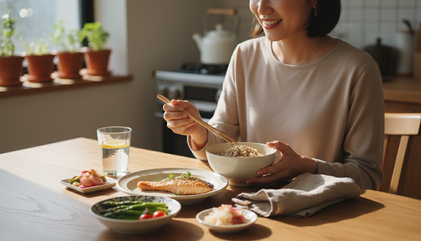 女性が健康的な食事を楽しむ様子