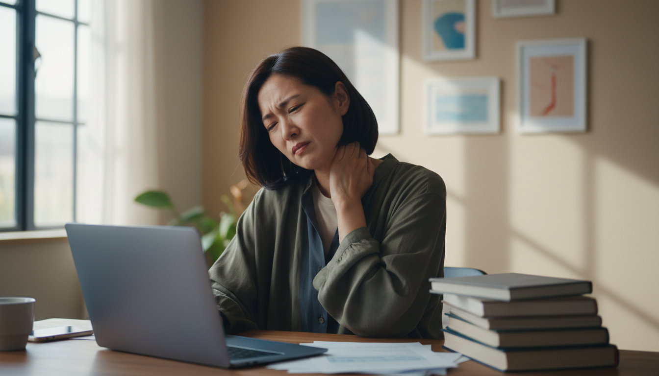 姿勢が悪く肩こりに悩む30代女性