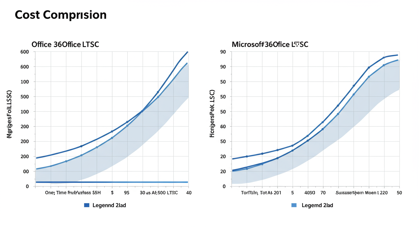 Microsoft 365とOffice LTSCの5年間の総コスト比較グラフ