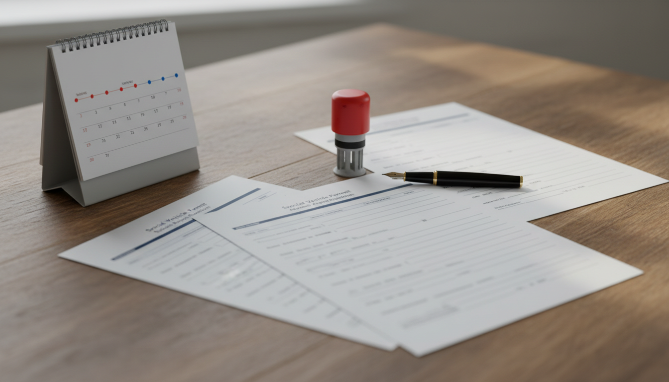 特殊車両通行許可申請書類と審査期間のイメージ