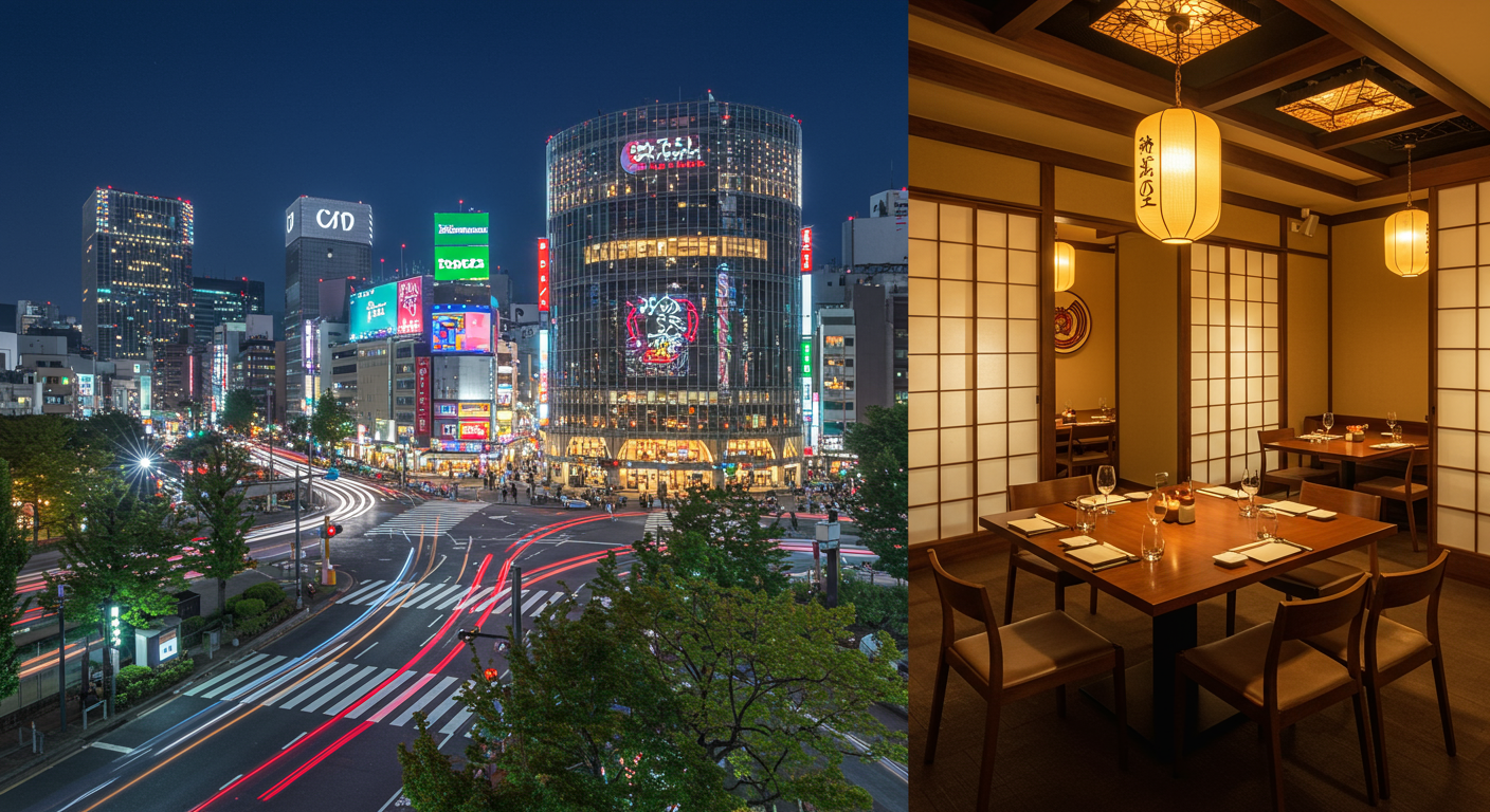 渋谷の夜景とビジネス接待の様子