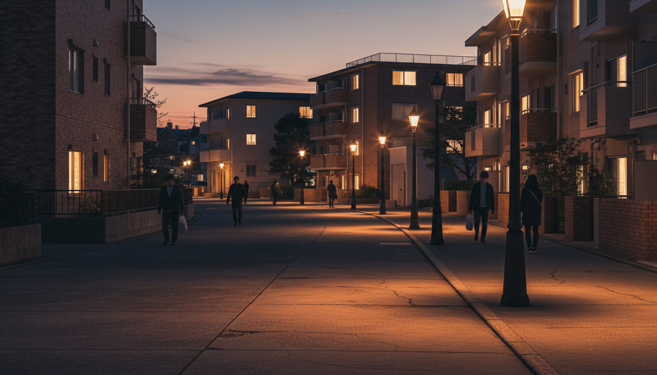 明石町の夜間の街並みと街灯