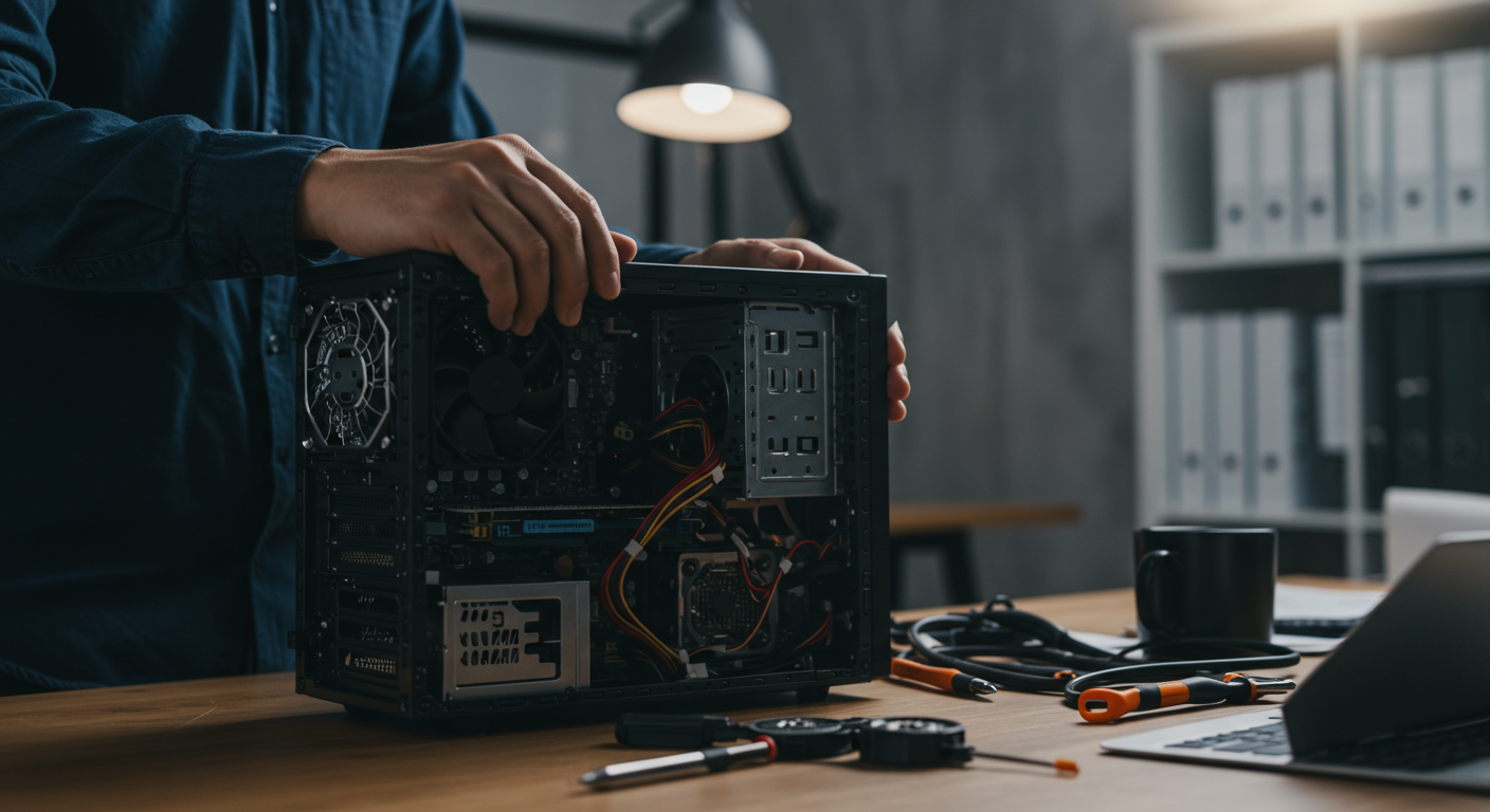 企業のIT担当者がコンピュータの互換性を確認している様子