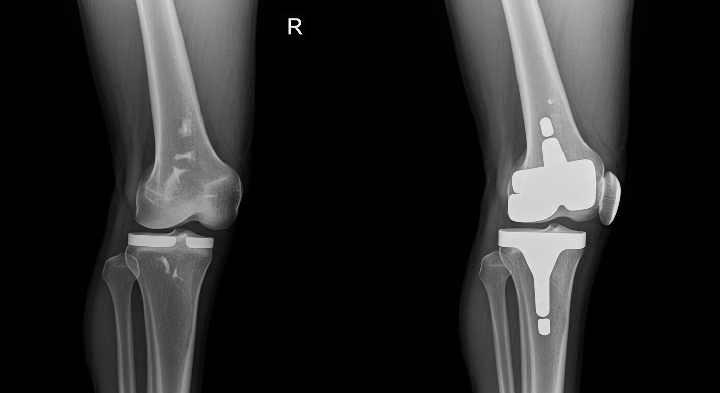 人工膝関節置換術の手術前後の膝関節のX線画像比較