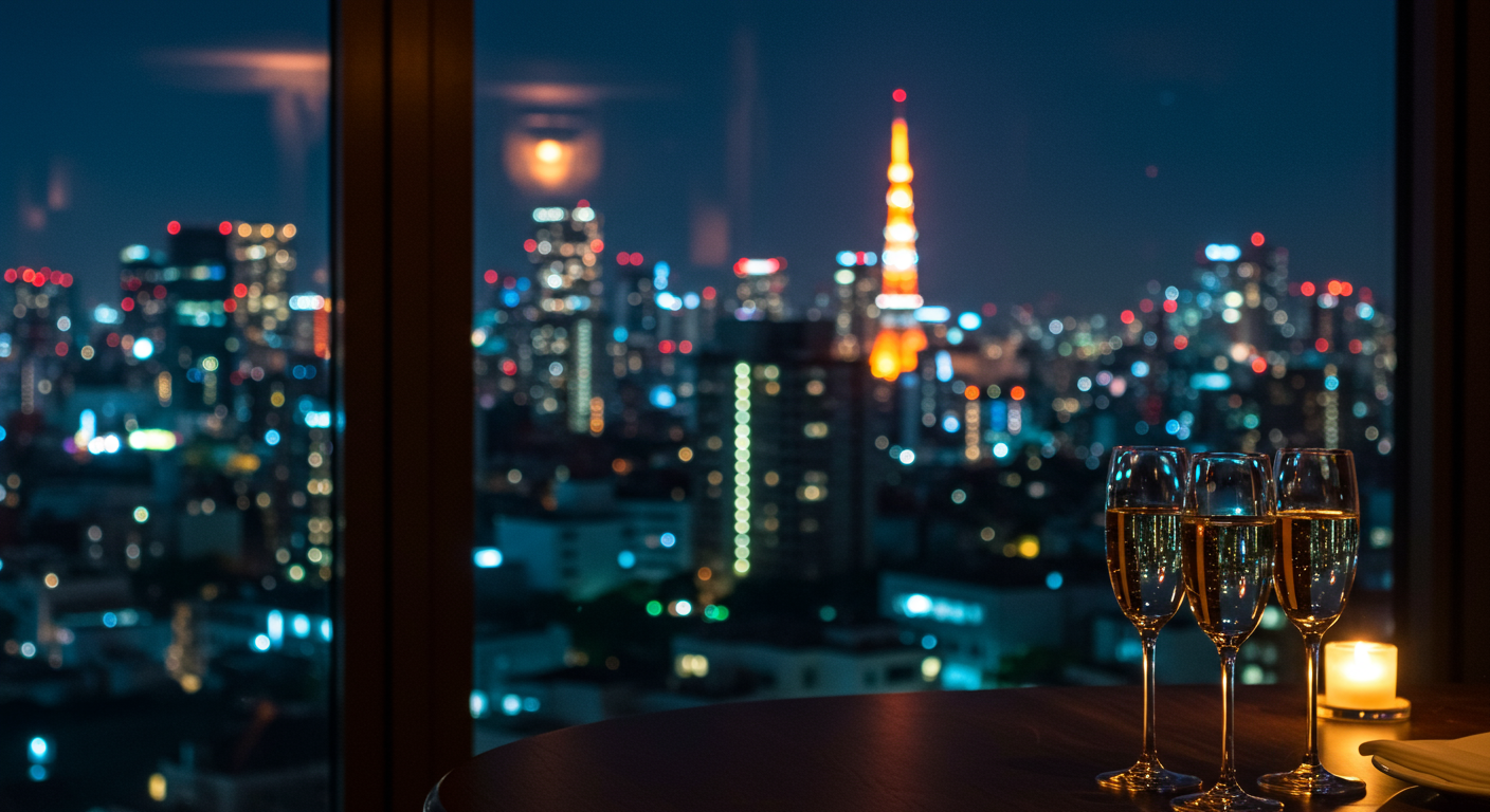 新宿の夜景とパーティー会場