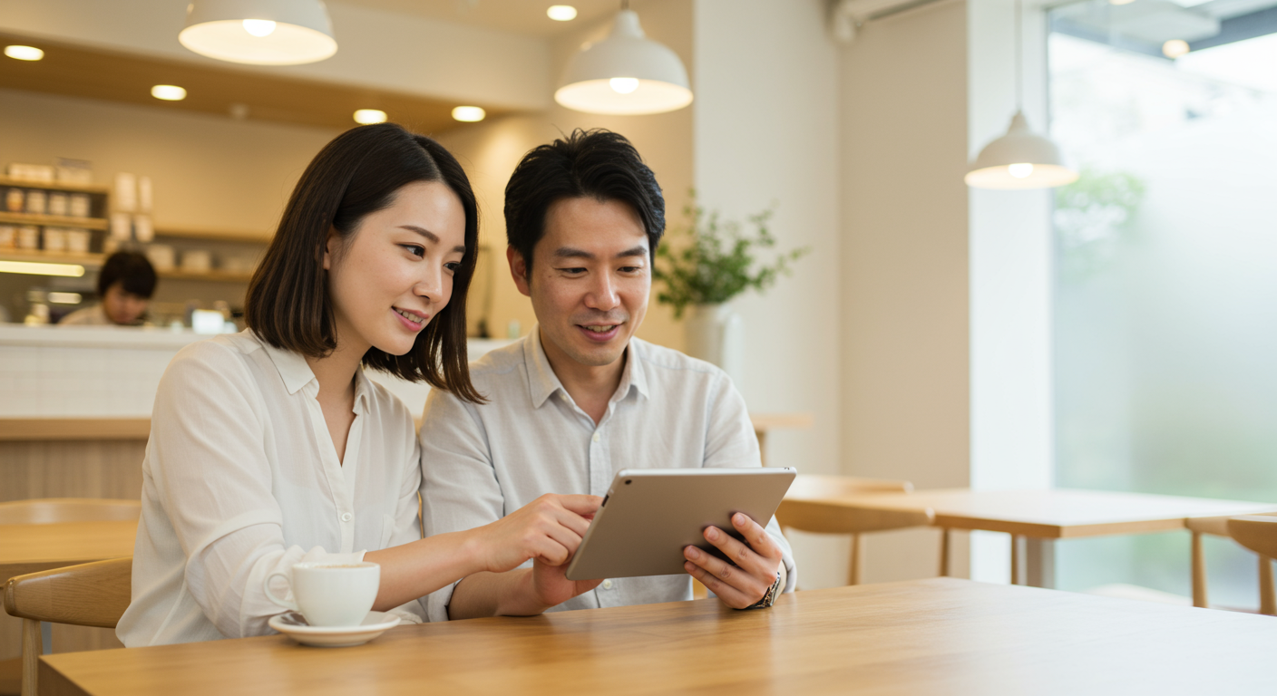 カップルがタブレットで物件情報を確認している様子