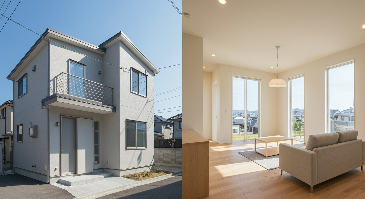 建売住宅の外観と内装の比較イメージ