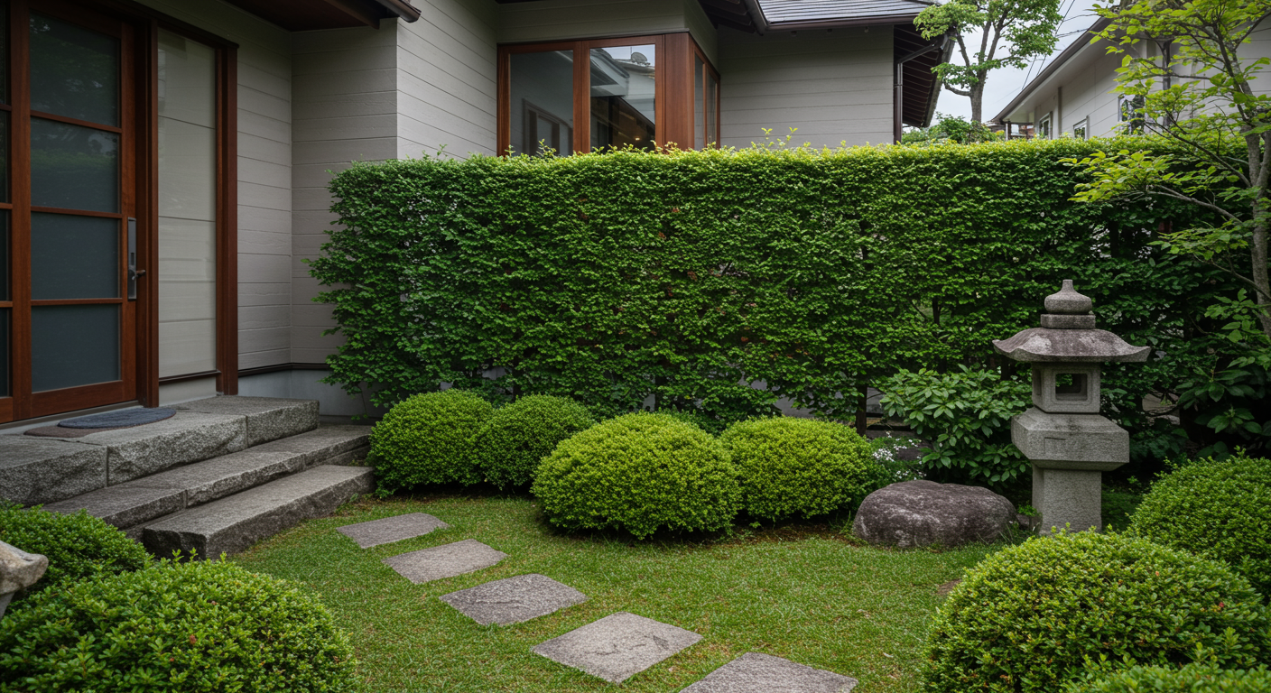 美しい生垣と庭のある日本の住宅外観
