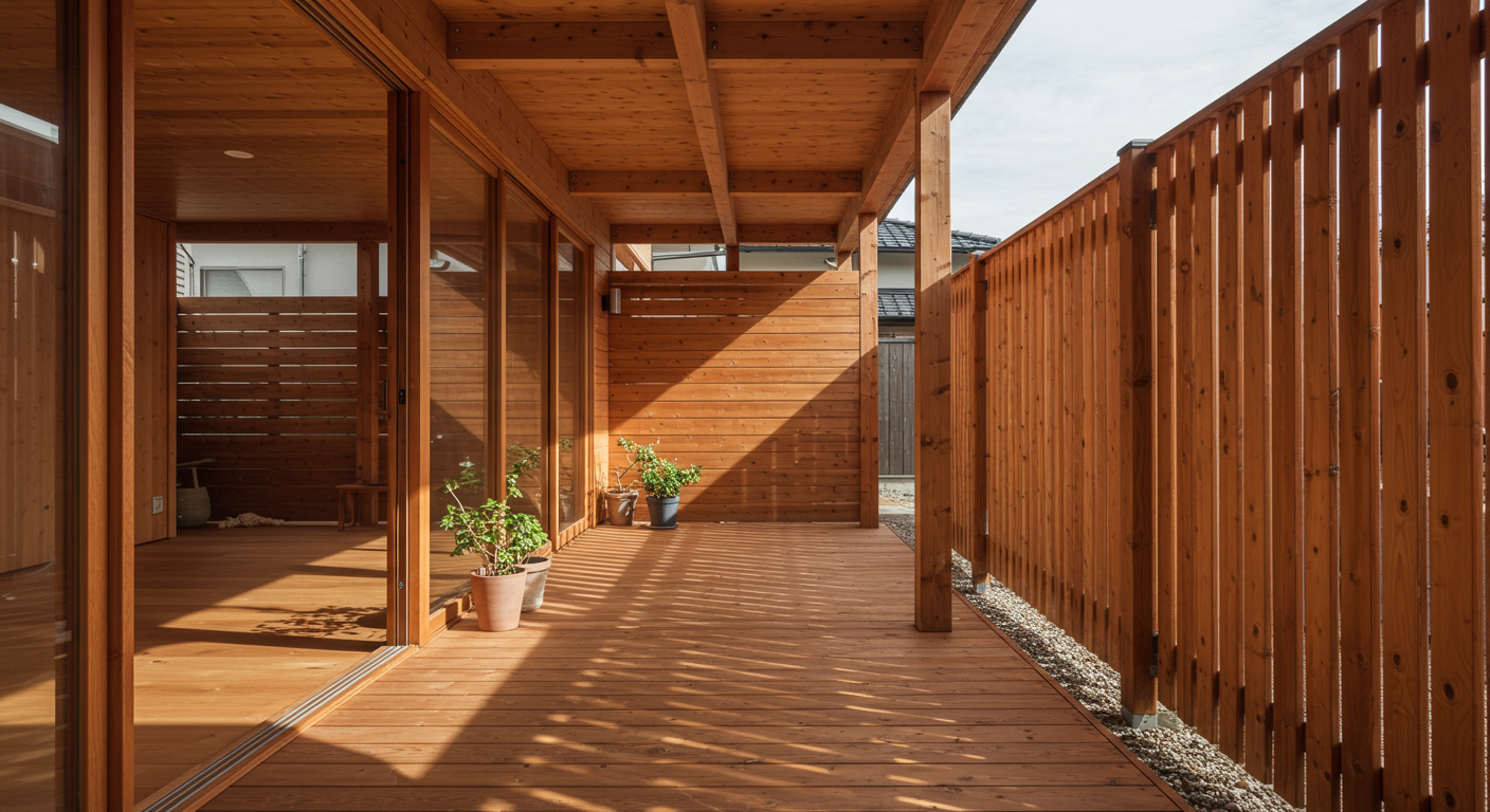 モダンなウッドデッキと木製フェンスのある日本の住宅