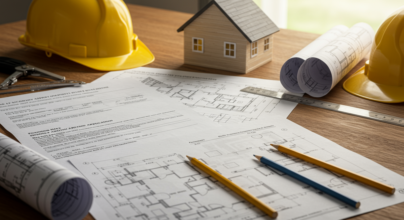 補助金申請書類と図面が並べられた様子
