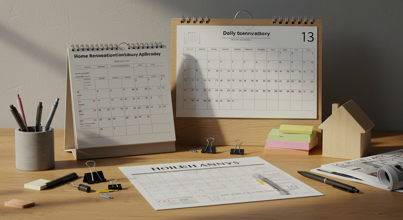 カレンダーとスケジュール表が置かれたデスク