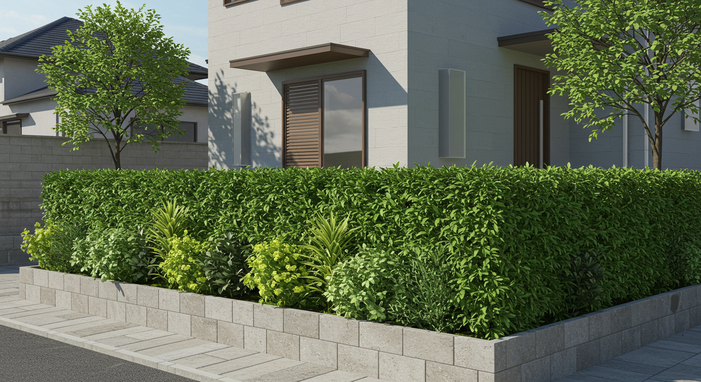 ブロック塀から生垣に変わった住宅の外観