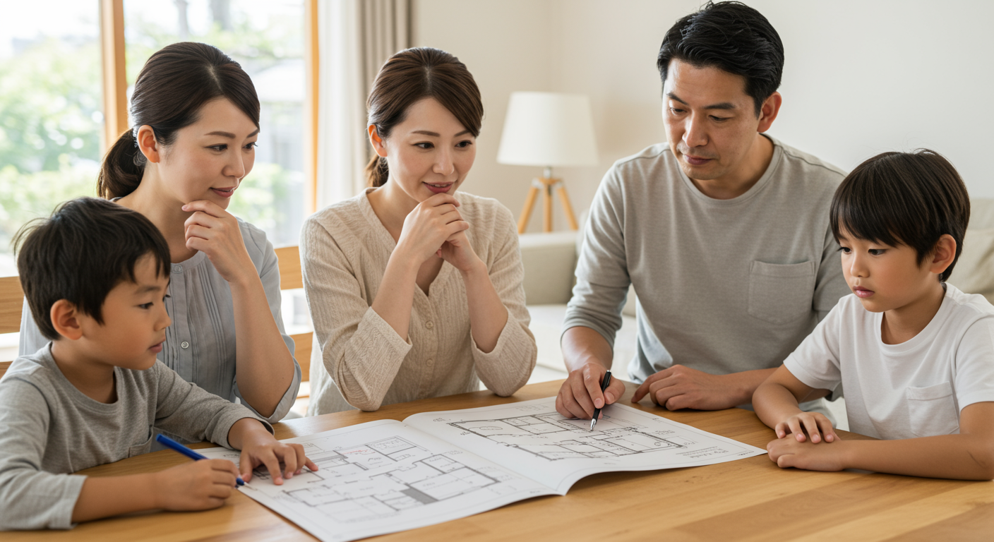 間取り図を前に悩む家族の様子